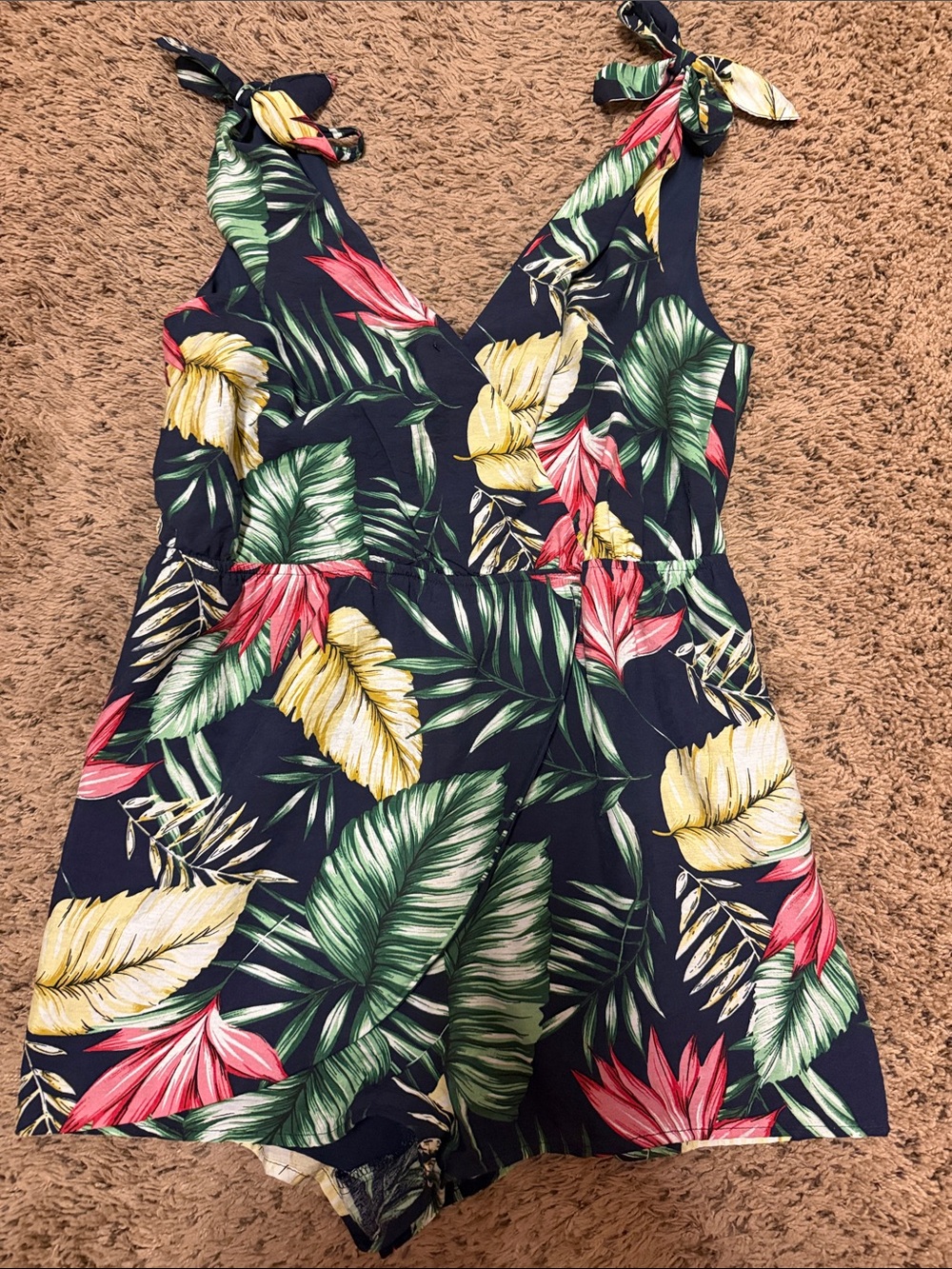 superdown Navy Floral Knot-Strap Romper with Green & Pink Accents